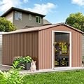 Garvee 8x12 Ft Metal Storage Shed With Pitched Roof & Lockable Door - Galvanised Steel for Backyard, Patio, Lawn - Large Outdoor Garden Shed, Brown