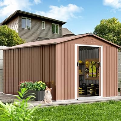 Garvee 8x12 Ft Metal Storage Shed With Pitched Roof & Lockable Door - Galvanised Steel for Backyard, Patio, Lawn - Large Outdoor Garden Shed, Brown