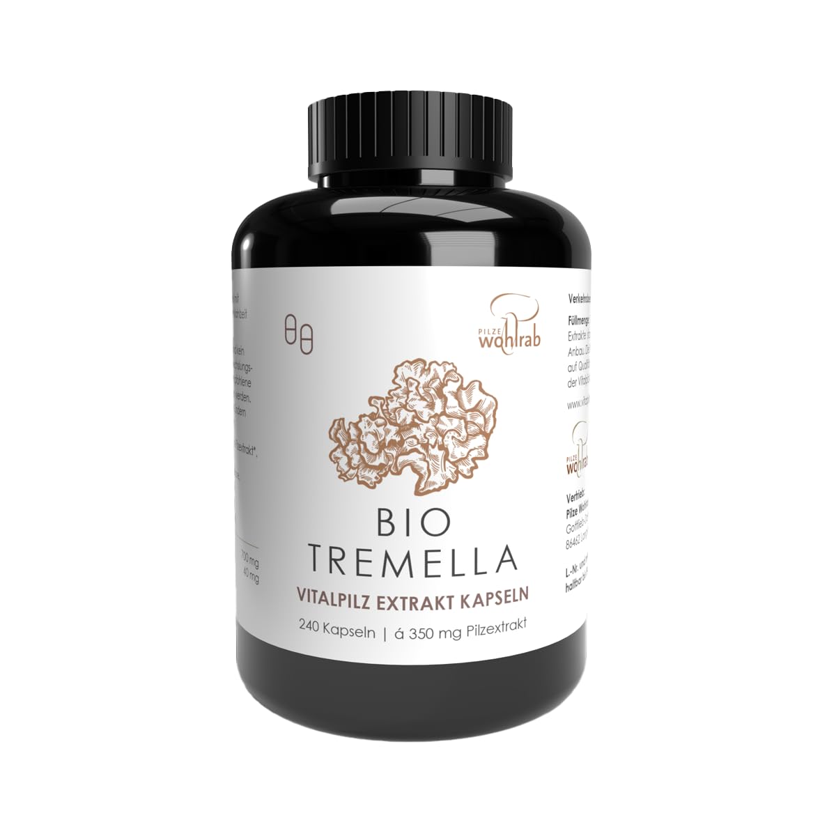 Bio Tremella Extrakt Kapseln, 240 Kapseln à 350 mg Tremella Pilz Extrakt je Kapsel. Mit Acerola Vitamin C, Vitalpilze Extrakt - 1 Dose - Nahrungsergänzungsmittel