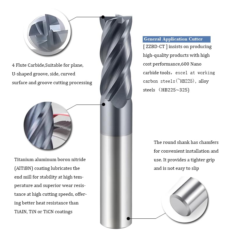 Image of 3 /8 Inch HRC55 Square End Mills-4 Flute TiALSiN Coating for Milling Alloy Steels, Hardened Steel, Metal etc.(1 Pcs)