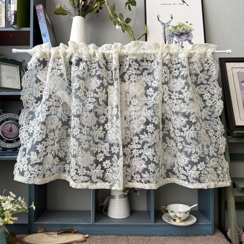 Yaland Rideau brise-bise brodé avec fil de coton avec broderie florale - Pour cuisine, fenêtre, cuisine, maison de campagne, salon - Avec cordon de serrage -...