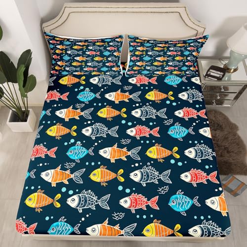 Image of jejeloiu Colorful Fish Bed Sheets Sets King Size Kids Boys Girls Funny Vintage Bedding Set Sea Animal Bed Sheet Set with 16-Inch Deep Pockets Summer Ocean 4Pcs with 2 Pillow Cases