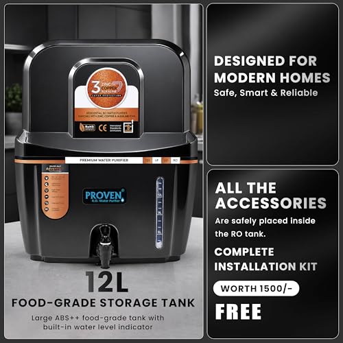Image of Proven Swift Zinc Copper Alkaline Water Purifier | Food-Grade ABS 12L Storage Tank | Advanced Technology | Made in India | Black Opaque | 1-Year Warranty