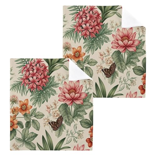 YANENDIE Vintage Botanical Pattern Washcloths Towels, Highly Absorbent and Soft Cotton Face Cloths, 2 Pack Quick Dry Wash Cloths - 12 X 12 Inches