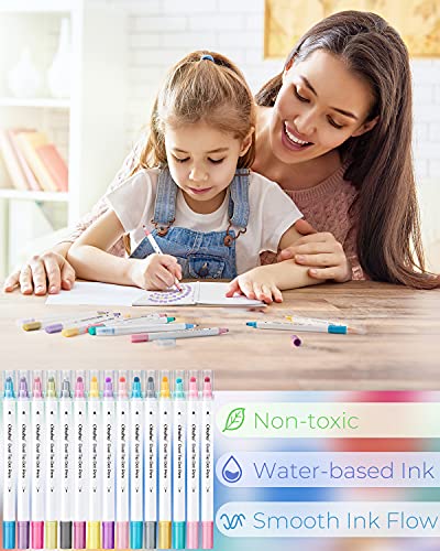 Ohuhu Dot Marker Pens 15 Set, 10 Regular Colours + 5 Metallic Colours Dual Tip (Bullet & Round) Paint Pens - Water-Based Ink for Journaling Scrapbooking Photo Album Anime Highlighting Doodling Drawing - Image 7