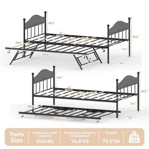 Image of Garvee Twin Daybed with Trundle, Twin Bed Frame with with Stylish Headboard, Heavy Duty Steel Slats Platform for Living Room, Bedroom, Black