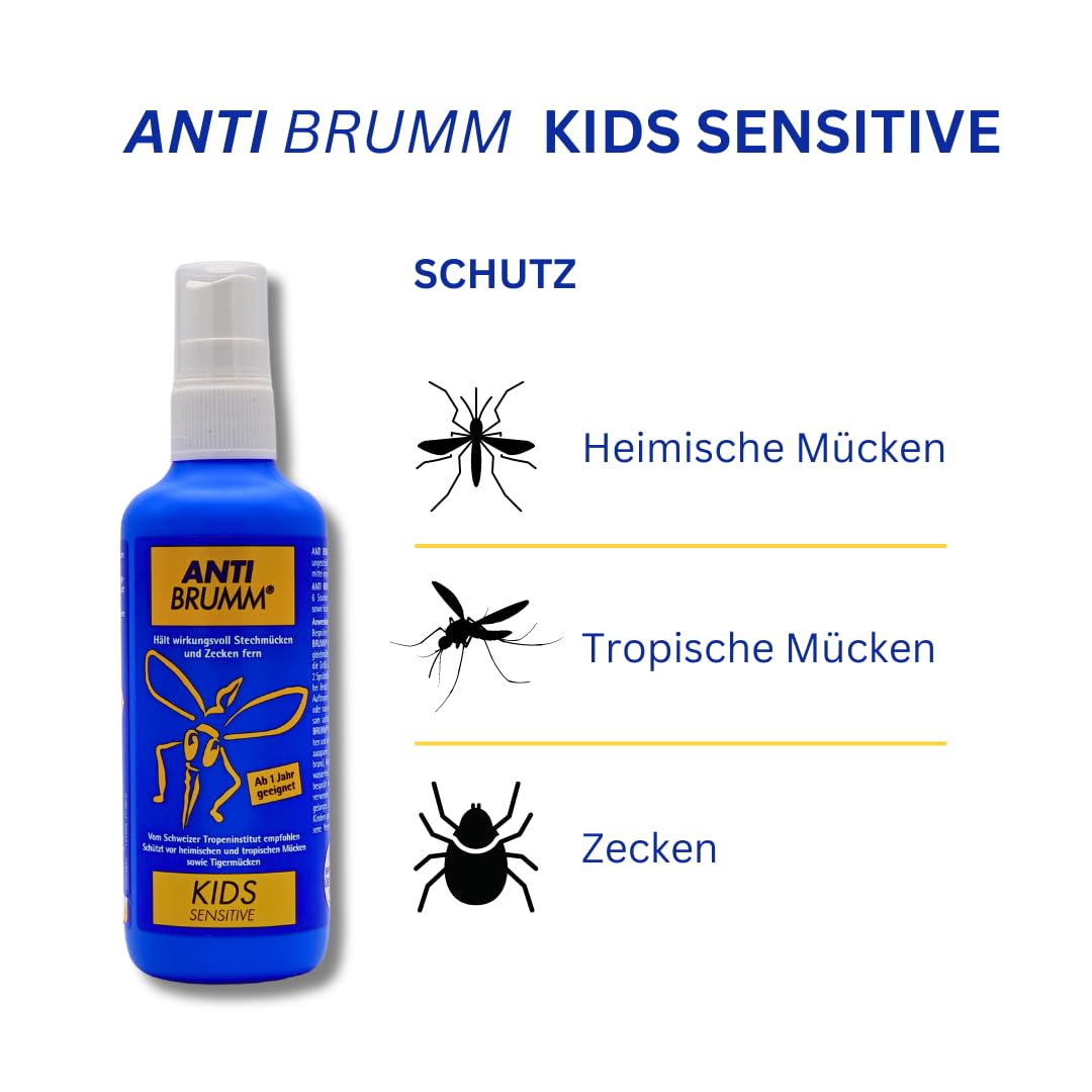 Anti Brumm Kids Sensitive 3x 150 ml I Schutz gegen Mücken und Zecken I Mückenspray I zu Hause, Reisen, Tropen I Icaridin I Kinder ab 1 Jahr I empfindliche Haut I Spar-Set plus Pharma Perle give-away