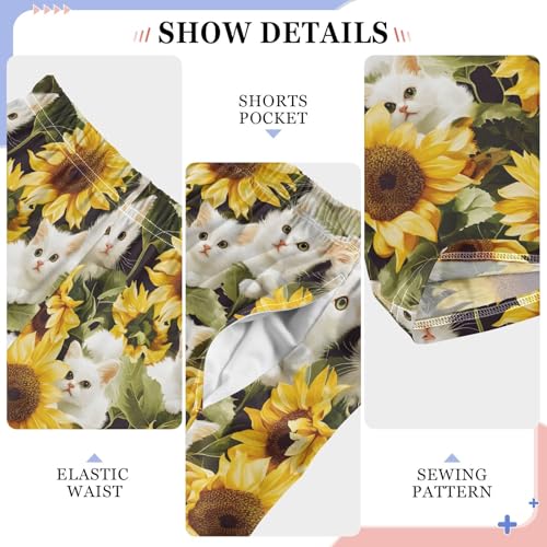 White Cat Sunflowers 1 Long Pajama Pants Bottoms Soft Sleepwear with Pockets4