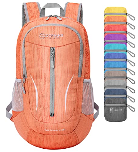 ZOMAKE Faltbarer Rucksack Leicht 25L,Kleiner Rucksäcke Wasserdicht Wanderrucksack Packable Backpack für Damen Herren Outdoor Wandern(Orange)