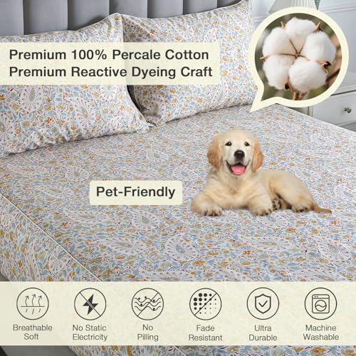 Image of Vintage Paisley Pattern Percale Sheets King Size, Light Beige Shabby Floral Chic Toile Bed Sheets, Soft Crisp 100% Cotton Deep Pocket Cozy House Sheet Set, Luxury Cottage Core Bedding, 4Pcs