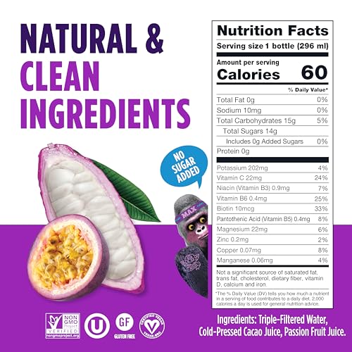 Image of Blue Stripes Passion Fruit Cacao Water - Hydration Drink with Natural Electrolytes & Antioxidants | Cold Pressed Cacao Juice, Fruit Juice & Water | No Sugar Added & Plant Based | 10 Fl Oz (6 Pack)