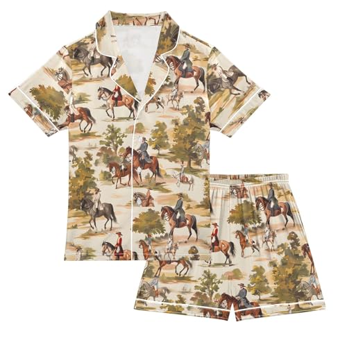 ALAZA Horse Racing Leaf Art Satin Pajamas Set Short Sleeve Button Down Sleepwear Summer Pjs 2 Piece