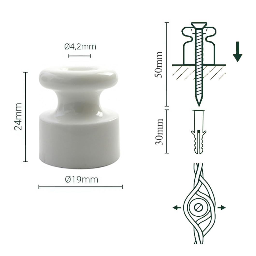FUZHOU QMY Lote de 24 Aisladores de Porcelana Blancos para Cable Textil Trenzado, Dia.20 mm
