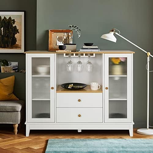 Miniatura 7 de LUCKWIND Armario moderno blanco con tapa de madera natural 2 cajones y 2 armarios de vidrio a rayas barra de café para cocina comedor