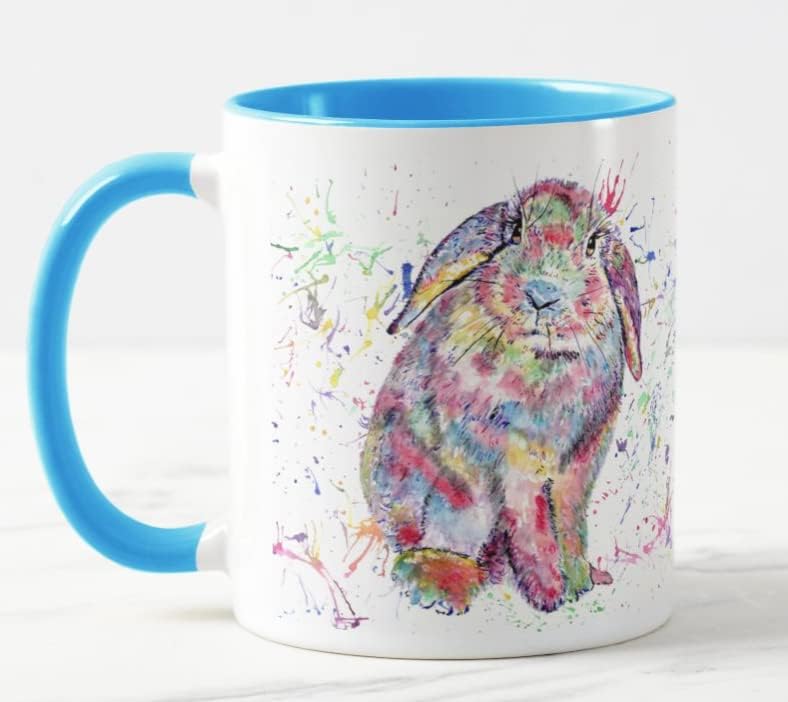 Vixar Lop Rabbit Bunny Eared Watercolour Rainbow Art Coloured Mug Cup Gift Birthday Easter Work Office Christmas Tea Coffee (Pink)