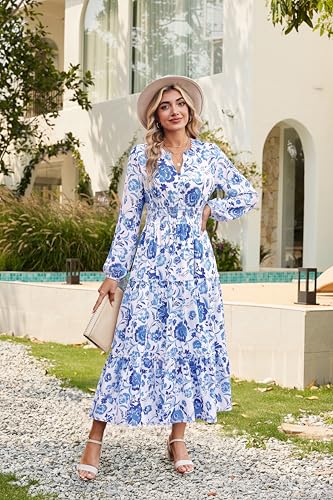 Image of GRACE KARIN Women's Floral Maxi Dress 2026 Fall Long Sleeve V Neck Empire Waist A Line Flowy Dress with Pocket