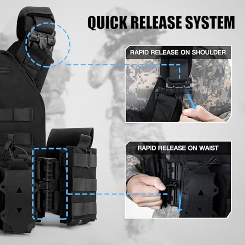 Jueachy Taktische Weste Airsoft Plattenträger: Quick Release Militär Weste Einstellbar Atmungsaktiv Beschwerte Weste für die Ausbildung - Plate Carrier Molle Schutzweste für Herren Paintball Polizei