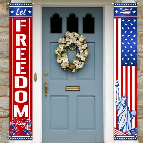 Image of 4th of July Decorations Outdoor Patriotic Memorial Day Decor, American Flag Banner Stars and Stripes Porch Sign for Memorial Independence Veterans Labor Day Party Supplies Red White Blue