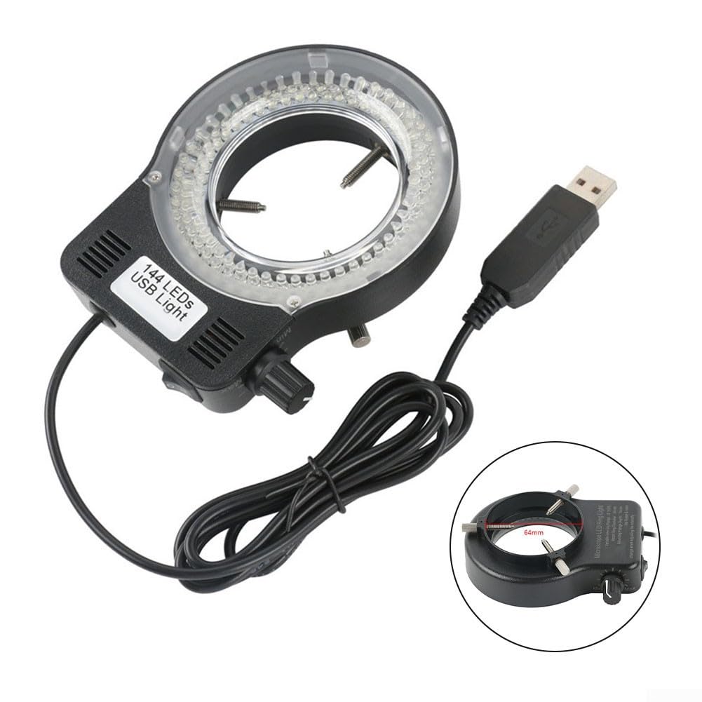Einstellbare USB-LED-Ringlicht-Mikroskop-Lampe mit 72 oder 144 F3-Lampen, 6500–7000 K weiße Beleuchtung für Monokular-Stereo-Mikroskope, DC12-V-Ausgang (144 LED)