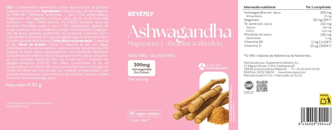 Ashwagandha KSM-66 para Mujer 300mg | Reduce Estrés y Cortisol | Energía, Equilibrio Hormonal y Concentración | Con Magnesio, Rhodiola y Té Verde | 60 Cápsulas Veganas