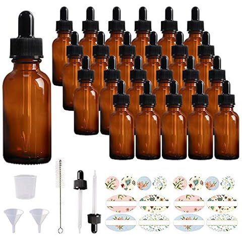 Comrzor 24 Pack 1oz Amber Glass Bottles with Glass Eye Droppers for Essential Oils, Perfumes & Lab Chemicals (Brush, Funnels, 2 Extra Droppers, 36 Pieces Labels & 30ml Measuring Cup Included) Cover