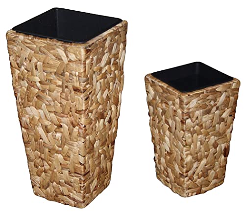 KMH Pflanztöpfe Blumenkübel Hugo aus handgeflochtener Wasserhyazinthe (Natur) Übertöpfe inkl. Schwarzem Einsatz - Pflanzkübel für Innenbereich oder Außenbereich in 2 Größen