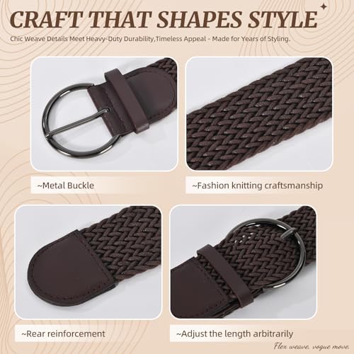 2 Pack Woven Stretch Belts for Women Summer Braided Belt Wide Woven Belt Elastic Belts for Women Dress4