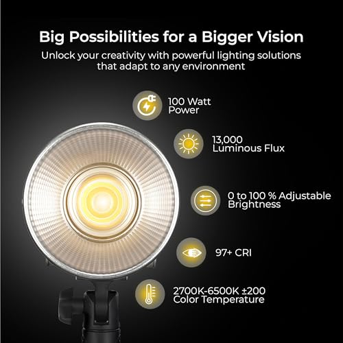 Image of DIGITEK (DCL-100 WBC) 100W Bi-Color Continuous LED Light with Mini Bowen Mount & Reflector, 2700K-6500K+200 Color Temp, 20FX Modes, 97+ CRI, 0-100% Brightness, APP Control, Lighting for Videography