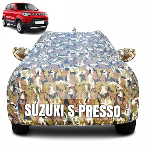 Image of 100% Waterproof Car Body Cover for Maruti Suzuki S presso with Mirror Pocket (Heat & UV Resistant, Triple Stitched, Soft Lining, Bottom Elastic & Piping) Camouflage, Military Print