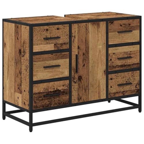 vidaXL Conjunto de Muebles de baño Industrial de Madera Envejecida, con Marco de Acero, Gran Capacidad de Almacenamiento, 80 x 33 x 60 cm, Estilo Urbano, Lavabo Incluido, Necesita ensamblaje, diseño