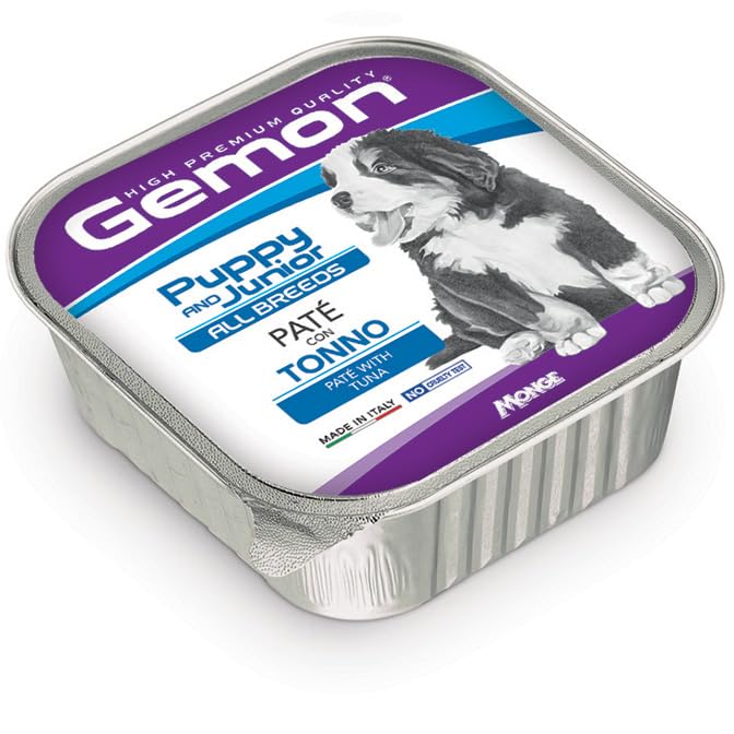 GEMON Cane All Breeds Puppy and Junior Paté con Tonno | alimento umido completo per cani cuccioli di tutte le taglie, senza conservanti, Premium Quality, Made in Italy, 12 scatolette da 150 grammi.