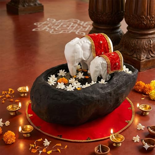 Image of Greymode Yaanai Uruli (White Elephant with Mother & Baby Love) Resembles a Strong Family Bond | Perfect for Home Decor (Divya Kshetram (Uruli + Vasthram + Shuddha peetam))