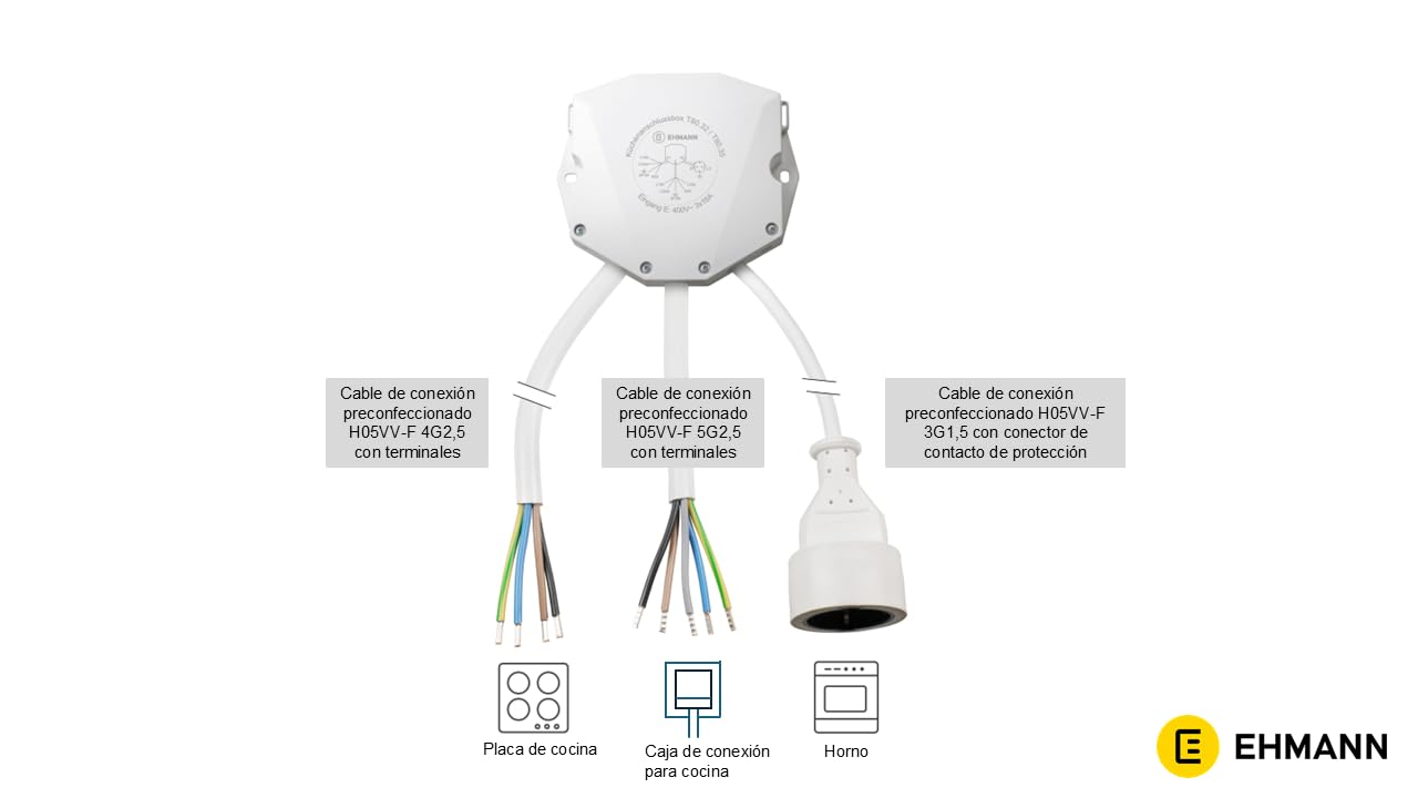 EHMANN Caja de conexión para cocina/Caja divisora, empotrada, con cables de conexión de 5m para placa de cocción, 5m para horno y 2m para caja de conexión de cocina, Made in Germany, 8066x0305