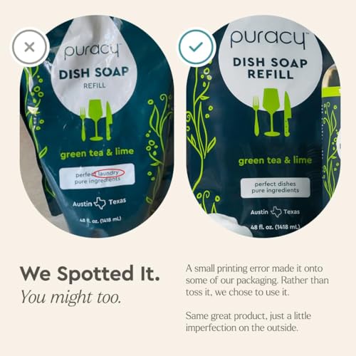 Image of Puracy Natural Dish Soap Refill - Skin-Softening Plant-Based Liquid Dishwashing Detergent Soap, Clean-Rinsing Water-Sheeting Formula (Green Tea & Lime, 48 fl oz)