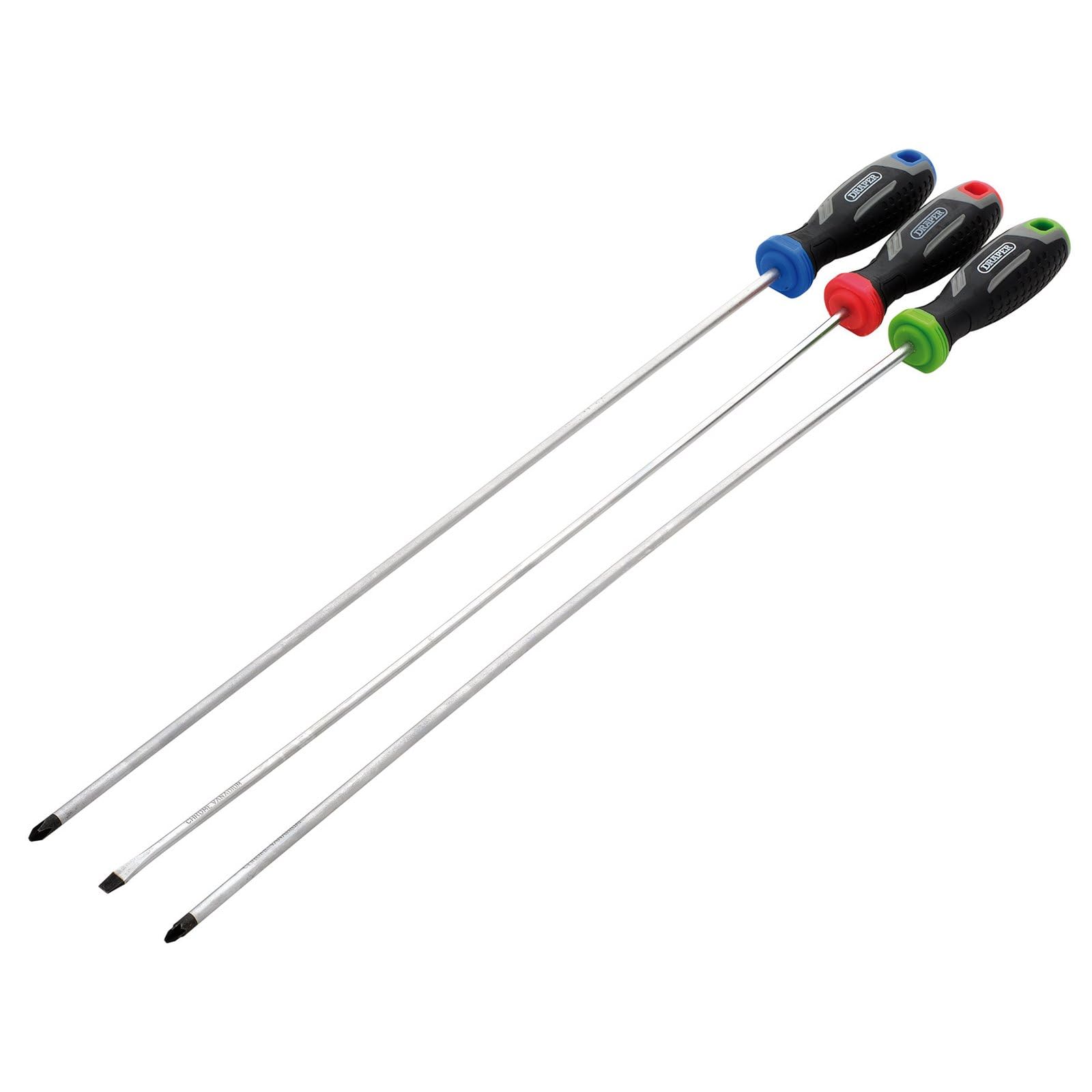 Draper 3pc Long Reach Soft Grip Screwdriver Set - 13429 - Magnetic Tips, CRV Blades