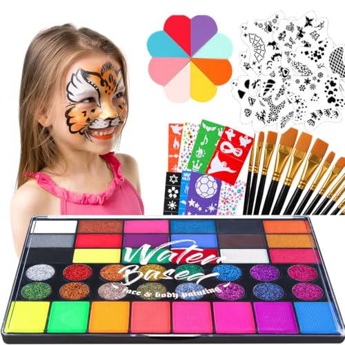 Non-Toxic Professional 42 Color Face Painting Kit for Kids & Adults - Water-Activated Face Paint, All-In-One with Brushes/Stencils/Sponges, Safe for Birthday/Halloween/School Events/Festivals