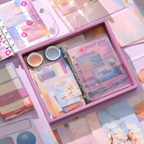 Image of Paper Vintage Aesthetic Scrapbook Kit(346Pcs) Scrapbooking Supplies Kit with Bullet Junk Journal,Stationery,A6 Grid Notebook Journaling Gift for Girl (Sunset Glow Dark Pink Scrapbook)