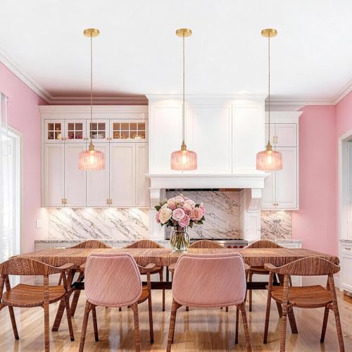 Image of Shenmoyl Pendant Light with Pink Striped Glass Lmapshade, Brass Vintage Pendant Light Adjustable Hanging Light for Kitchen Island Dining Room Hallway