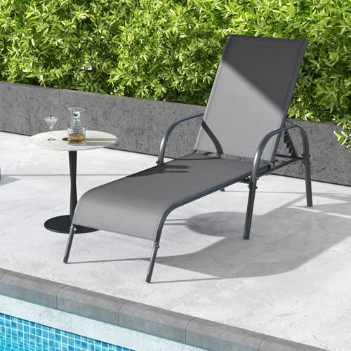 Image of Giantex Patio Lounge Chair, Outdoor Chaise Lounge with 5 Adjustable Backrest, Sturdy Steel Frame, Sunbathing Recliner, Tanning Chair for Beach, Outside, Yard, Balcony, Pool Chairs (1,Dark Gray)