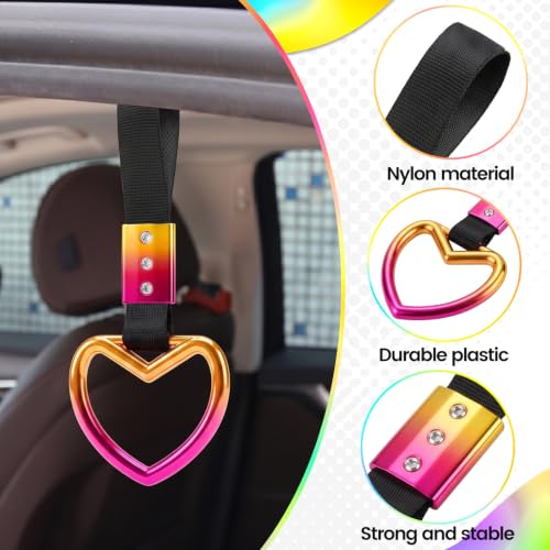 Image of 2PCS Heart Shaped Car Handle Straps, Rear Bumper Warning Keychain Ring for Car Exterior Accessories (Chrome Rainbow Heart - Black)