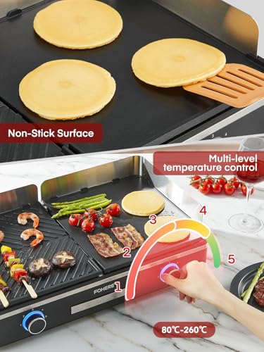 FOHERE Griglia Elettrica, 2400W, due piastre in alluminio fuso (superfici liscia e scanalata), controllo indipendente della temperatura, 5 livelli, rivestimento antiaderente, nero. - immagine 5