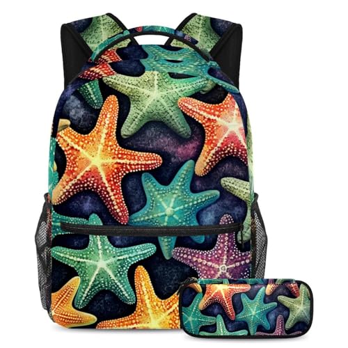 Sac à dos esthétique étoile de mer 2 pièces avec trousse pour l'école et les loisirs