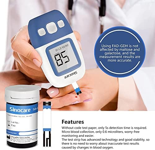 sinocare Diabetes Test Kit, Blood Glucose Monitor w/100 Strips, 5s Test Time Safe AQ Angel Blood Sugar Monitor 200 Memory Capacity, Painless Lancing Glucose Meter - mmol/L