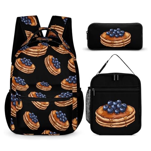 Blueberry Pancakes Cute Print Backpack Set of 3 Portable Lunchbox Pencil Cases for Daily Travel