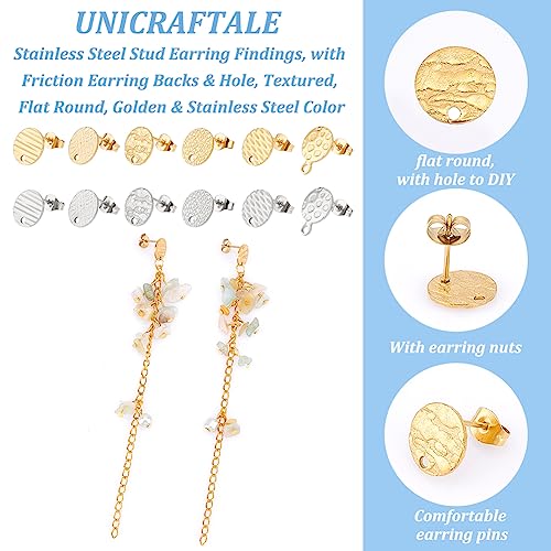 UNICRAFTALE 24 Pcs 2 Colors 6 Styles Flat Round Earring Stud 304 Stainless Steel Stud Earring Findings with Earring Backs Post Earring Textured for DIY Earrings Jewellery Making - Image 4