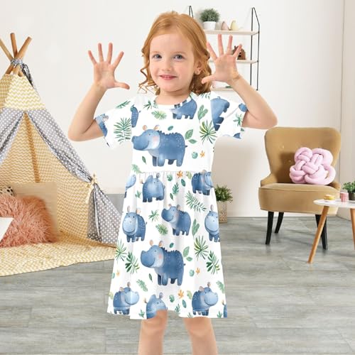 Cute Hippo Leaves Toddler Dress Girls Summer Short Sleeve T-Shirt Dress Casual Outfit4