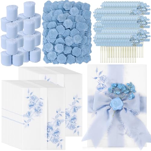 Fullhawl 100 Sets Wedding Invitations Wraps Set Pre Folded Vellum Jackets for 5 x 7 Invitations Dried Flowers Wax Seal Stickers Chiffon Silk Ribbon for Wedding Birthday Bridal Shower Craft DIY (Blue)
