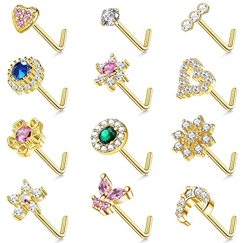 Jerywe 12Pcs Nose Studs 20G Nose Stud L Shaped Diamond Cz Nose Rings Stud For Women Surgical Steel Nose Rings Nose Screw Nose Piercing Stud Butterfly Heart Flower Nostril Jewelry Silver Rose Gold #TOP7