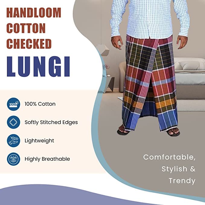 Handloom 100% Pure Cotton Checked Lungi/Dhoti/Sarong/Wrap/Beach Wear for Mens3