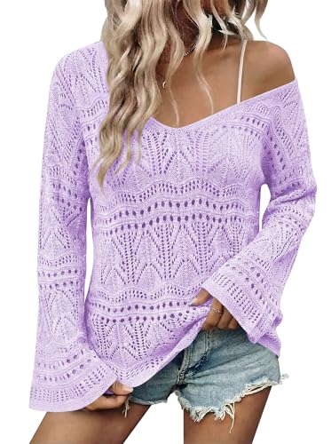 Image of Cakulo Womens Summer Crochet Tops Boho Off Shoulder Sweaters Lightweight V Neck Loose Vacation Resort Wear 2026